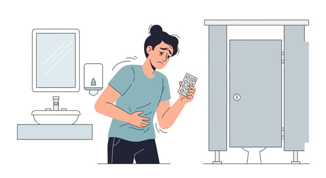 Unwell Individual In Bathroom Preparing To Take Medication For Abdominal Discomfort And Ailment