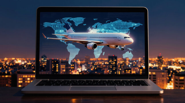 Laptop displays airplane over world map. Futuristic tech, global travel, aviation data, and business logistics visualization. Digital flight planning network and city lights background.