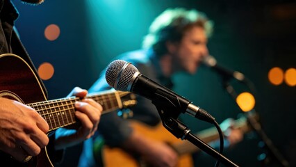 Obraz premium Musicians performing live on stage with microphone and guitar, capturing concert atmosphere, acoustic music session, band rehearsal, entertainment industry