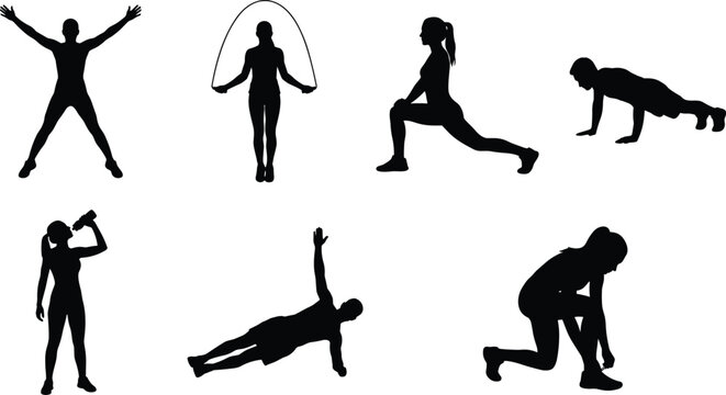 Fitness Exercise Silhouette Collection with Jump Rope Push Up Lunge Plank and Workout Poses Vector Set