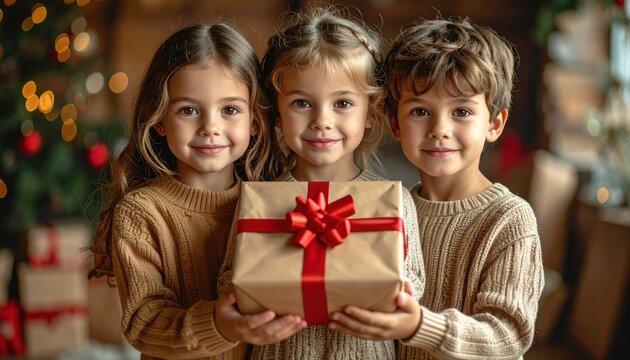 Three smiling children hold a wrapped gift with a red bow, festive background