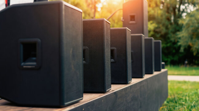 Line of pro black sound speakers set up on outdoor stage. Equipment ready for concert, music performance or event. Audio gear awaits audience on grassy venue.