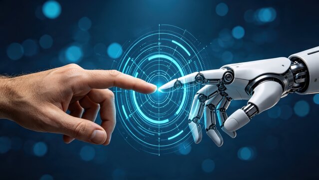 Human hand touching robotic finger, futuristic connection between man and machine, artificial intelligence concept, cyborg technology interaction, digital interface background