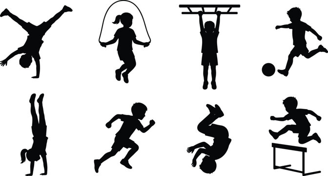 Set of children silhouettes doing sports and active activities isolated on white background vector illustration