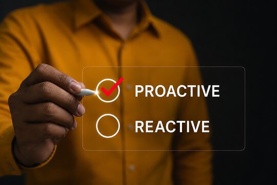 Businessman selecting proactive over reactive with digital interface
