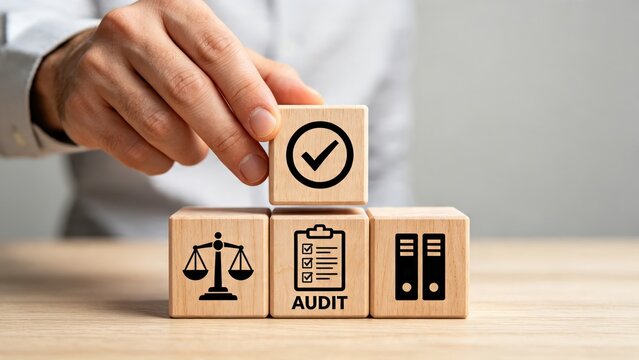 Hand placing a checkmark block on top of legal and audit symbols, representing compliance, quality assurance, regulatory approval, business ethics, financial auditing