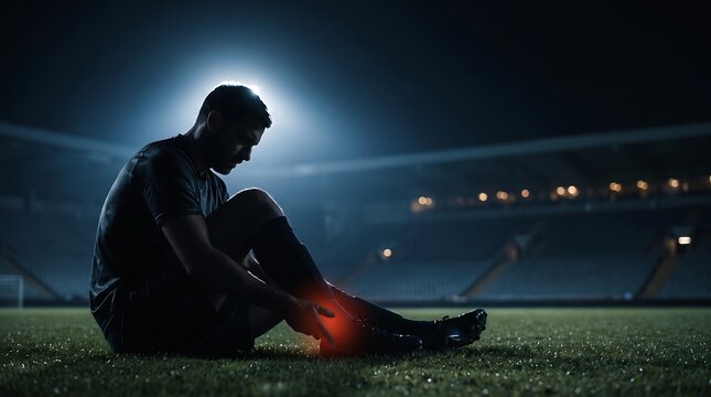 A male athlete sits on a dark soccer field at night, clutching his injured ankle with a visible red glow, indicating pain during a game.
