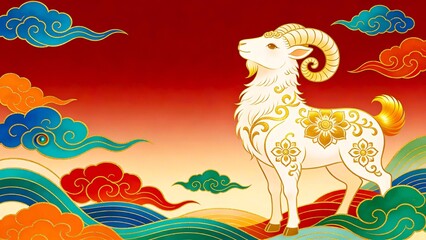 Fototapeta premium Ornate Golden Pattern Goat with Colorful Auspicious Clouds