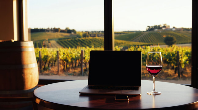 Laptop and wine glass sit on wooden table in winery. Laptop and smartphone rest near a glass of red wine with vineyard backdrop. A barrel stands nearby.
