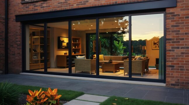 Modern glazed wintergarten with brick walls connects house interior to garden view. Cozy living room furniture, plants, soft lighting create relaxing ambiance. Sunset sky reflects on glass panels.