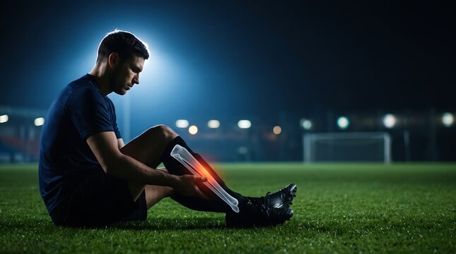 Soccer player experiencing shin pain on the field at night, with a skeletal overlay highlighting a tibia injury.