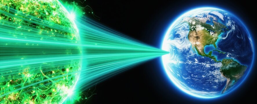 Earth protected by magnetosphere from solar wind. Green energy field deflects cosmic rays and radiation. Planet defense from sun flares, space phenomena.