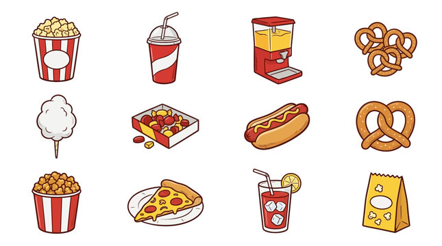 Cinema snacks and concession stand food icons.