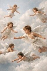 Fototapeta premium Angelic children flying among clouds.