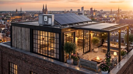Fototapeta premium Urban Loft Apartment with Rooftop Solar Panels