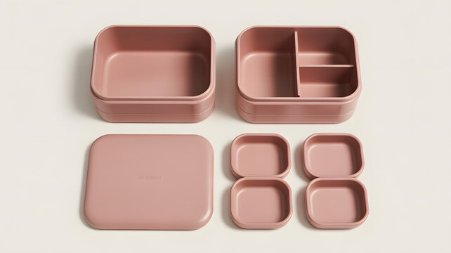 Set of pink reusable bento lunch boxes with removable containers on white