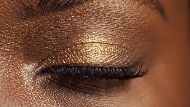 Mesmerizing close-up of a human eye with blue iris, gold eyeshadow, and long lashes
