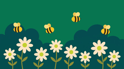 Cartoon illustration of bees flying over white daisies in a green field © ObStock