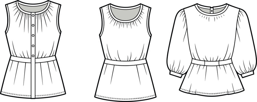Fashion technical sketch of women blouse set featuring sleeveless buttoned tops and long gathered sleeve shirts