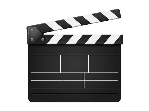 Open movie clapperboard featuring a classic black and white striped design with metallic hinges isolated on a clean white studio background for professional film production and video editing projects 