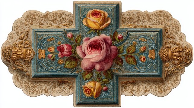 Antique German ornamental cross scrap with roses, soft periwinkle and gold metallic embossing, chromolithograph die-cut on aged paper, elaborate gilt decorative ephemera in vintage religious style.