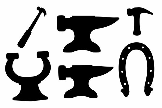 Black silhouettes of blacksmith tools including anvils, hammers, and a horseshoe