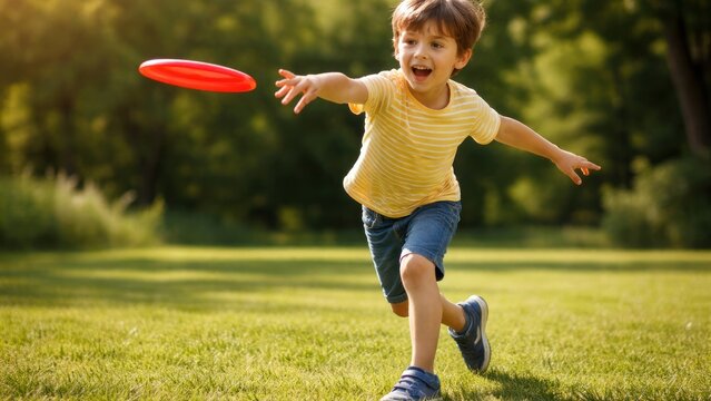 Joyful child playing frisbee outdoors.