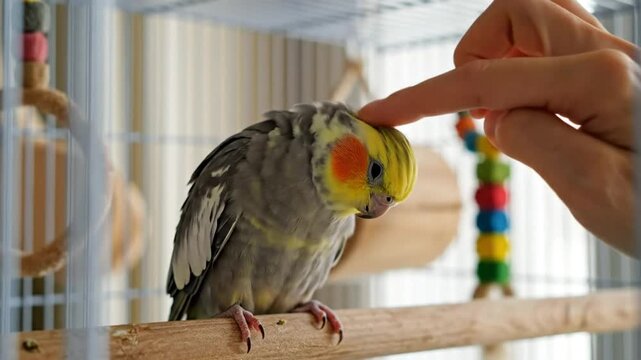 Pet owner gently interacts with a cute cockatiel inside its cage showing affection through finger stroking