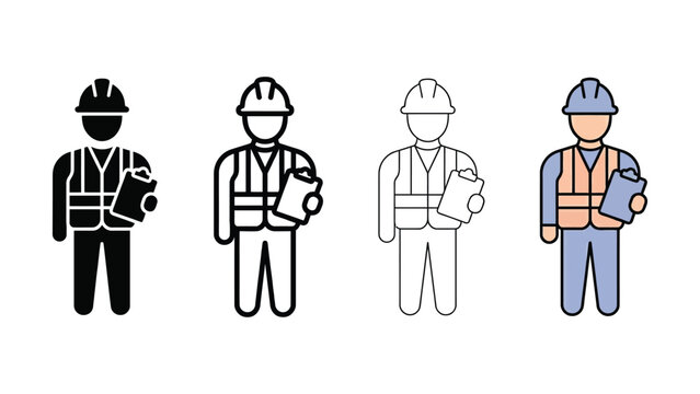 Construction worker icon set black outline flat color and minimalist styles