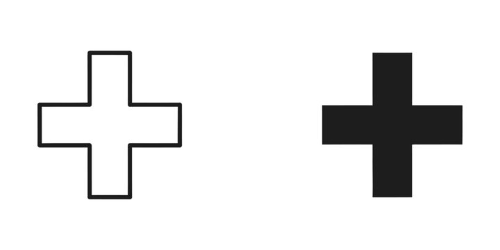 Plus sign icon set in outline and solid styles with addition mathematics interface increase positive isolated