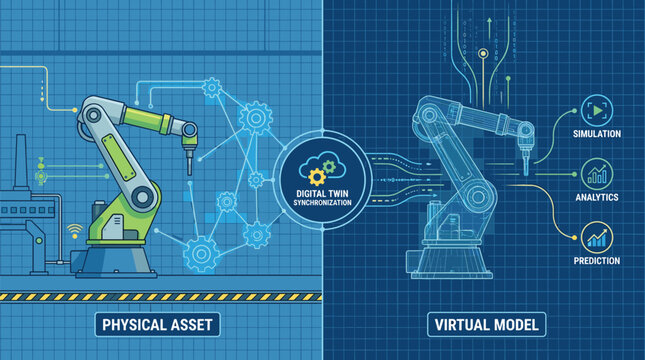 Digital twin technology concept with physical asset and virtual model