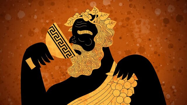 dionysus greek god of wine holding grapes and drinking from a goblet