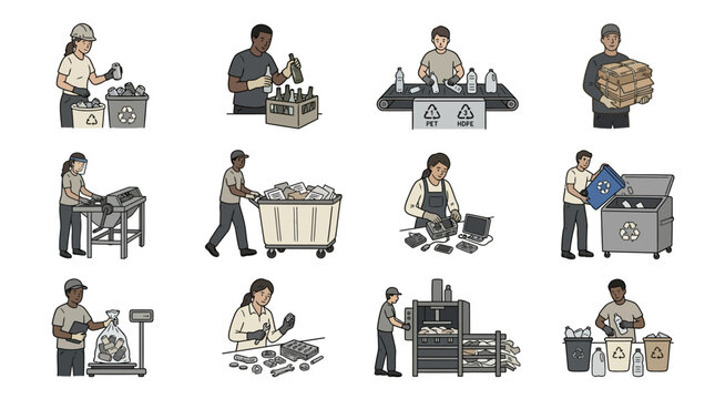 Industrial waste and scrap metal recycling workers.