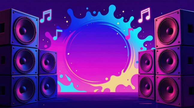 Music festival audio speakers and neon lights create energetic vibe. Abstract sound waves and notes fill colorful vibrant space. Modern graphic design background.