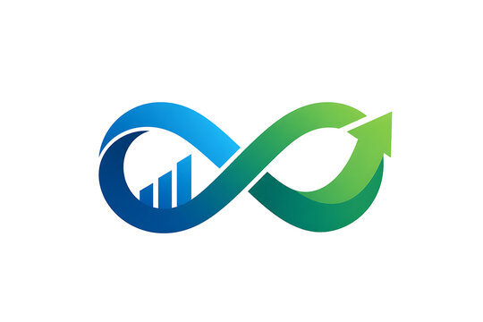 A stylized infinity symbol with a gradient blue and green color scheme and an arrow at the end, incorporating a bar graph.