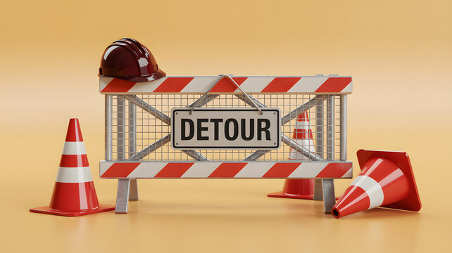 Road construction barrier with detour sign and traffic cones on orange background