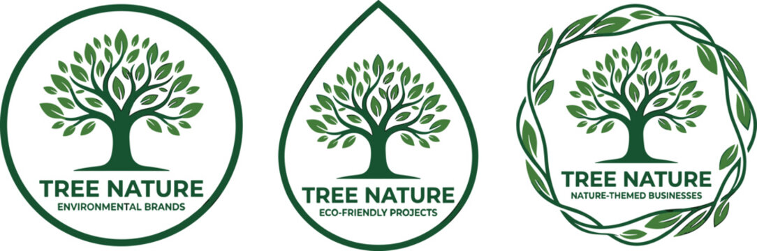 Three tree nature logos for ecofriendly and environmental brands