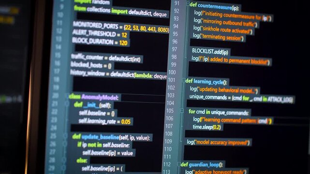 Close up computer monitors displaying fictional programming code and software development interface, technology workspace concept