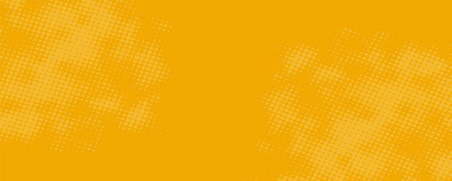 Yellow halftone pattern. Retro comic gradient background. Bright orange pixelated dotted texture overlay. Cartoon pop art faded gradient pattern. Vector backdrop for poster, banner, advertisemen