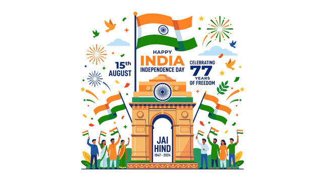 Indian Independence Day Celebration Illustration with People National Flag and Landmark