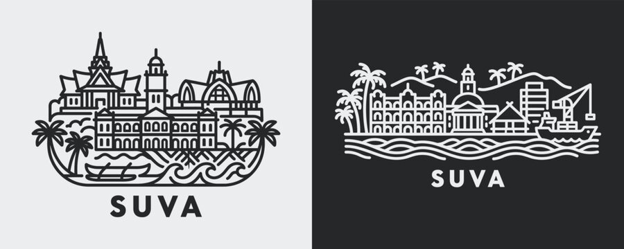 Suva Fiji Island City Skyline Landmark Illustration Set in Modern Linear Style for Tropical Tourism