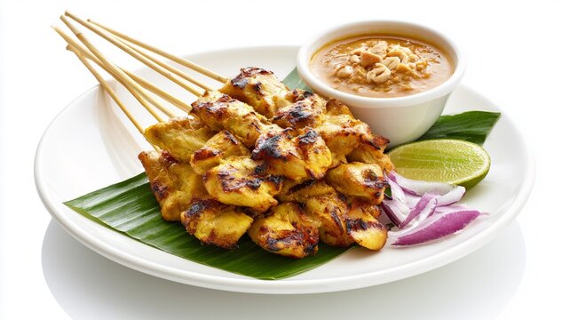Premium Chicken Satay Isolated on White Background with Soft Shadow