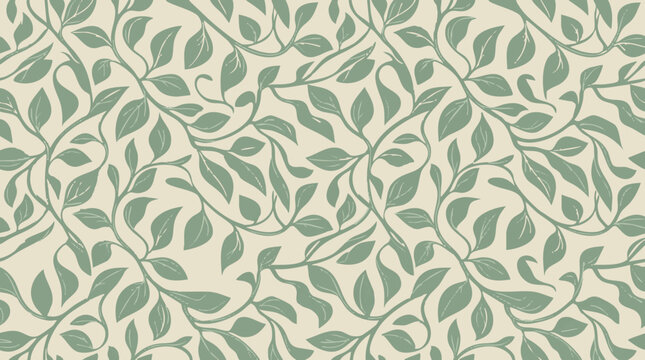 Seamless Botanical Pattern with Green Leaves and Winding Vines