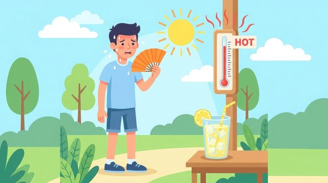 Heatwave illustration man cooling off with fan and cold drink