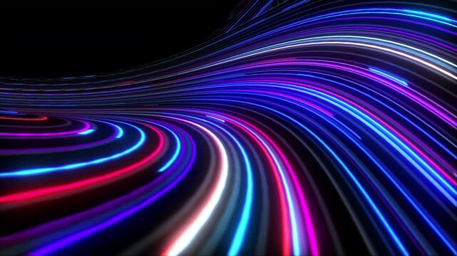 Abstract neon light trails with curved wave motion and glowing blue and pink lines on black background.