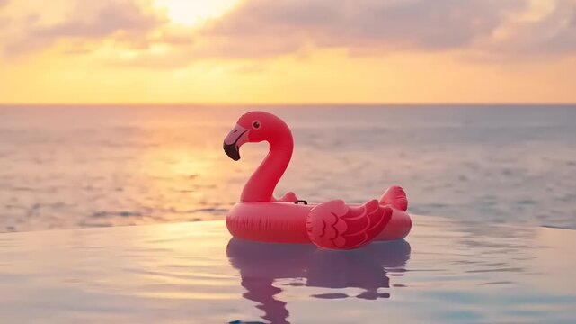 Pink flamingo floatie on calm sea.
