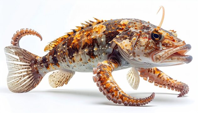 A bizarre hybrid creature combines fish and cephalopod features, vibrant hues on white