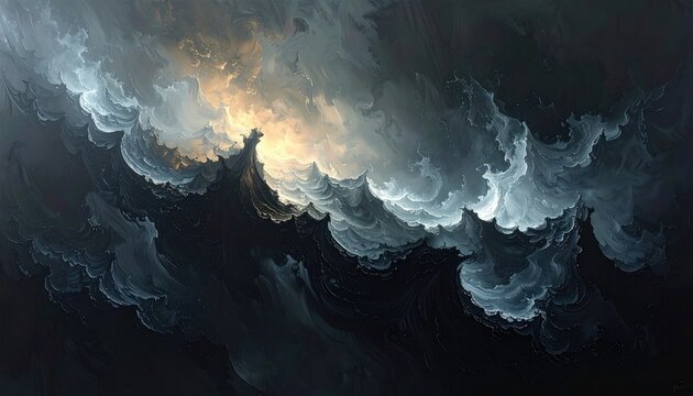 Dramatic, swirling clouds with a break revealing a luminous, golden light