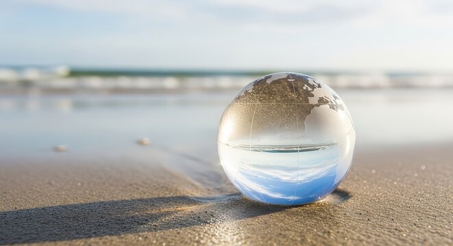A clear crystal globe sits on a smooth shoreline, showing an inverted reflection of the tranquil water and soft sky in a minimalist setting, landscape, calm, round
