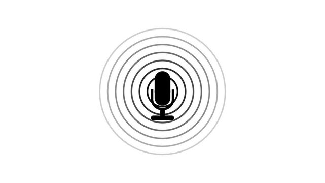 Minimalist microphone icon with expanding sound waves for podcast, audio recording, radio broadcasting, and voice assistant concept vector illustration